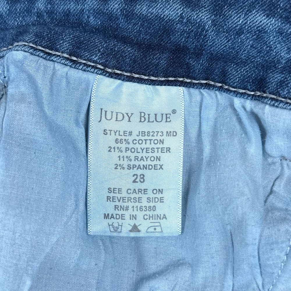 Judy Blue Jeans Womens 28 Relaxed Fit Distressed Ripped Knee Medium Blue Painted - Picture 11 of 13